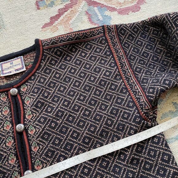 Vintage Dale Of Norway Cardigan Black Wool Sweater Large Floral Diamond - Picture 6 of 8